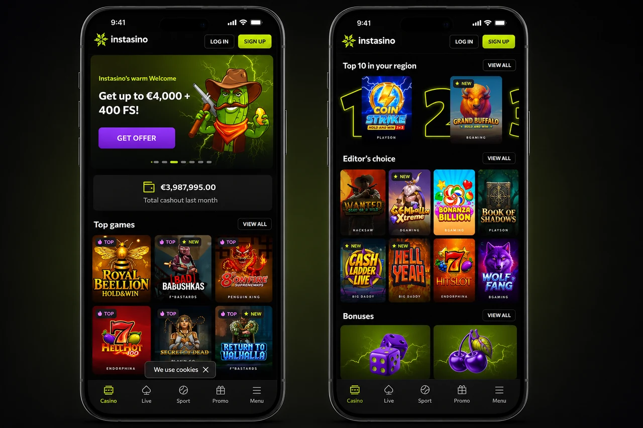 Instasino mobiele app met welkomstbonus van €4.000 en topspellen
